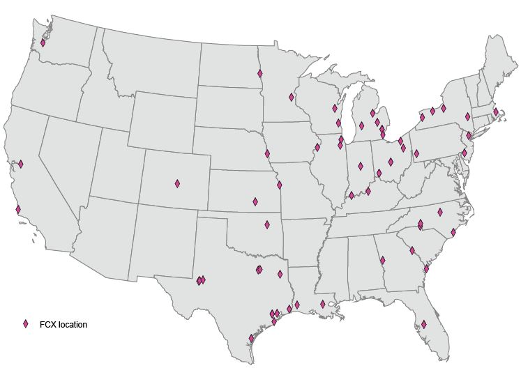 Map of United States of America with FCX Performance locations